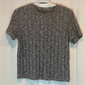 ZARA Grey Velvet Pearl Embellished Cropped Sweater